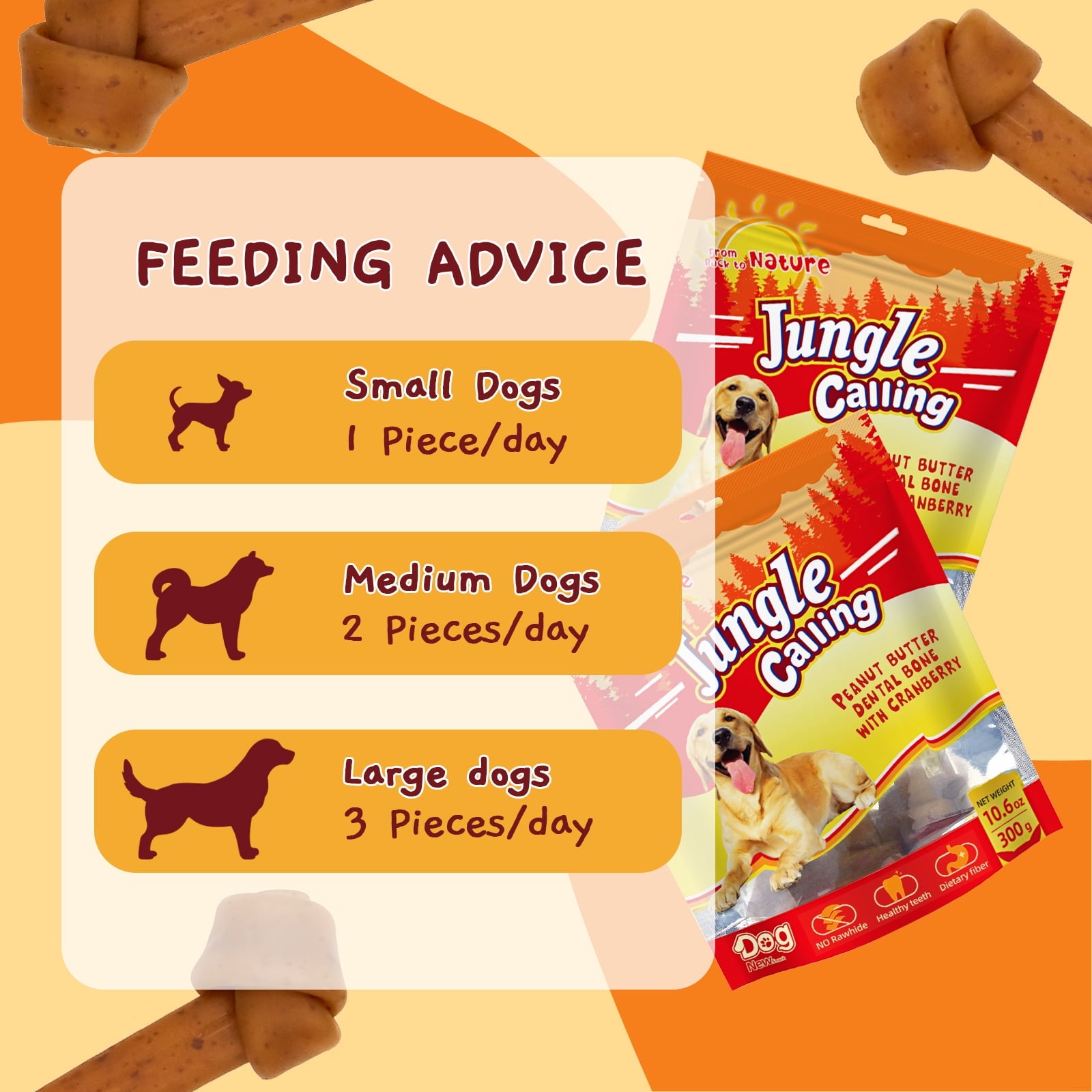 Jungle Calling Rawhide Free 6.5'' Peanut Butter Bones Dog Treats,Dog Chews for Dogs,4 Count