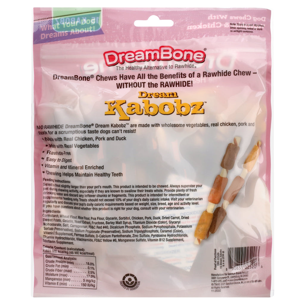 DreamBone Dream Kabobz Rawhide-Free Chews for Dogs, Made with Real Chicken, Pork and Duck, 15 Count