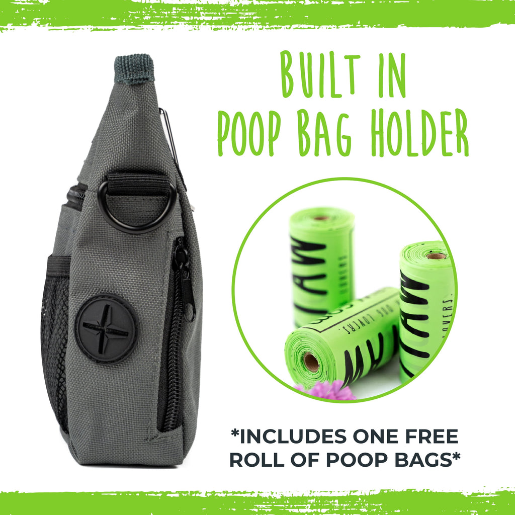 Mighty Paw Dog Treat Pouch 2.0, Hands-Free Snack Bag With strap, Holds 2 Cups Kibble, Magnetic Clasp and Waist Belt Clip, Includes 1 Roll of Poop Bags, Green/Grey, 7" x 2.5" x 5".