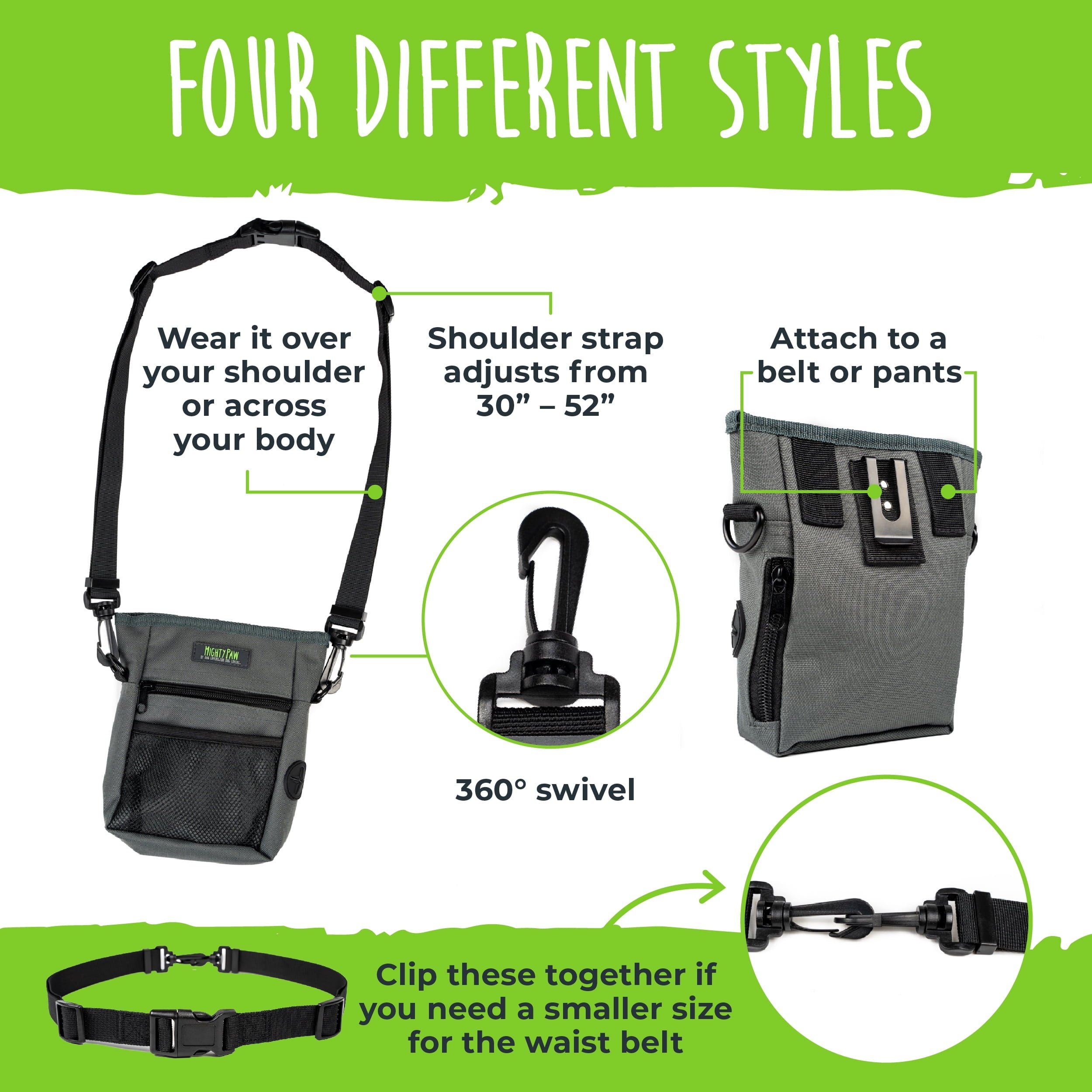 Mighty Paw Dog Treat Pouch 2.0, Hands-Free Snack Bag With strap, Holds 2 Cups Kibble, Magnetic Clasp and Waist Belt Clip, Includes 1 Roll of Poop Bags, Green/Grey, 7" x 2.5" x 5".
