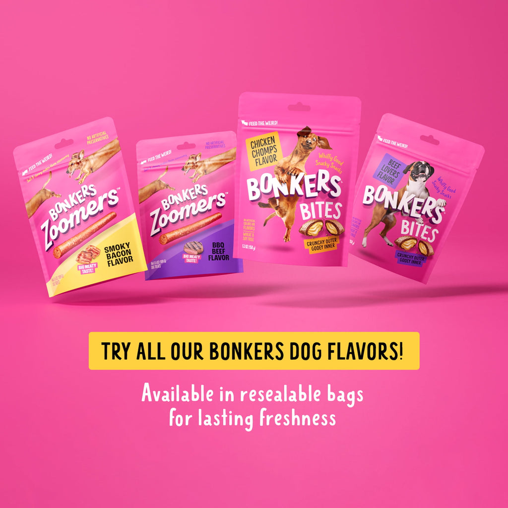 (4 pack) BONKERS Zoomers, BBQ Beef Flavor, Soft & Chewy Dog Snacks, Treats for Dogs, 5.6 oz Bag