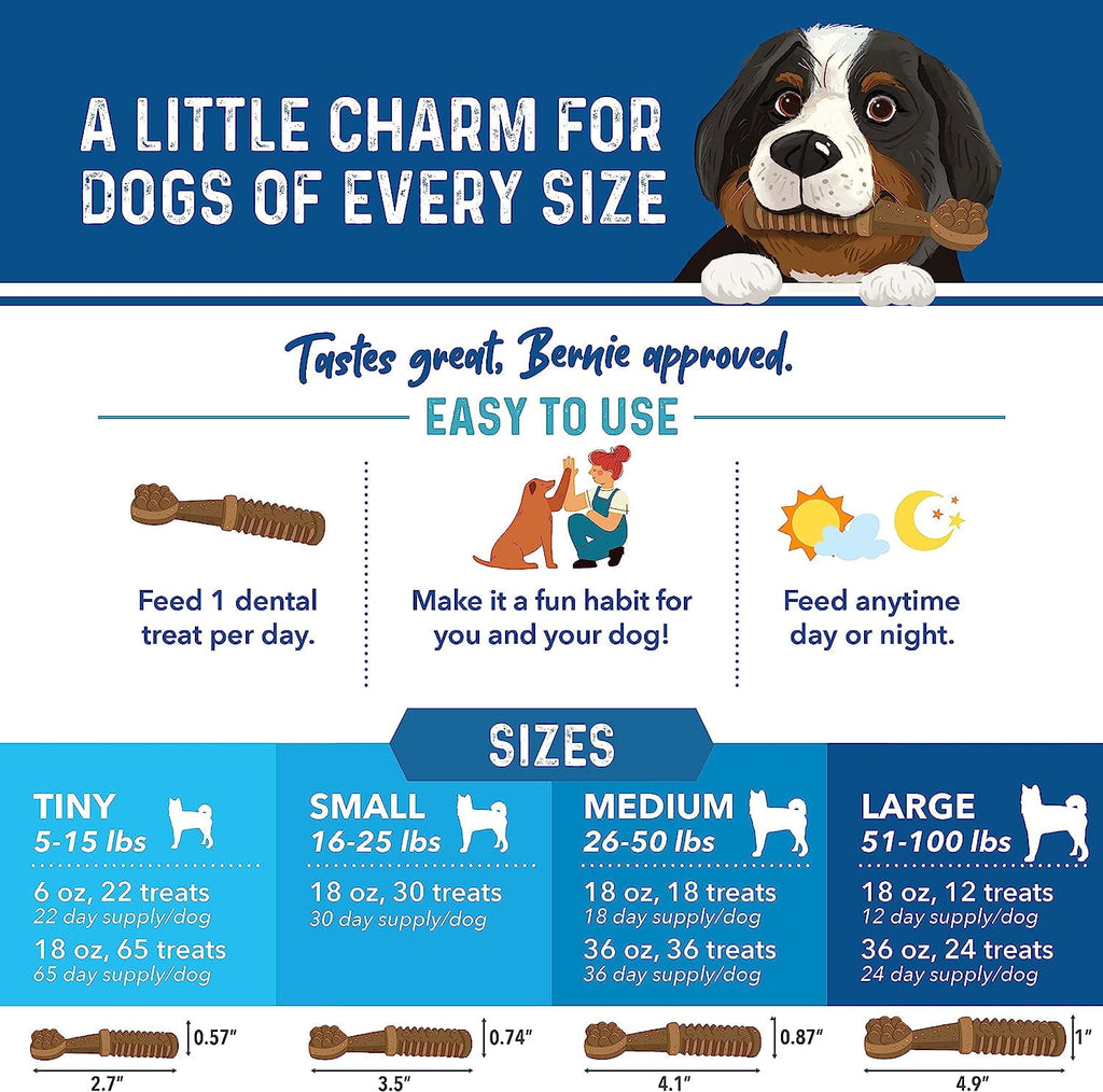 Bernie's Charming Chompers - Daily Dental Chews for Dogs 26-50 Lbs. - 18 Count - Cleans Teeth, Freshens Breath, + Boosts Oral-Gut Microbiome. Easy to Digest, Supports Healthy Digestion Naturally