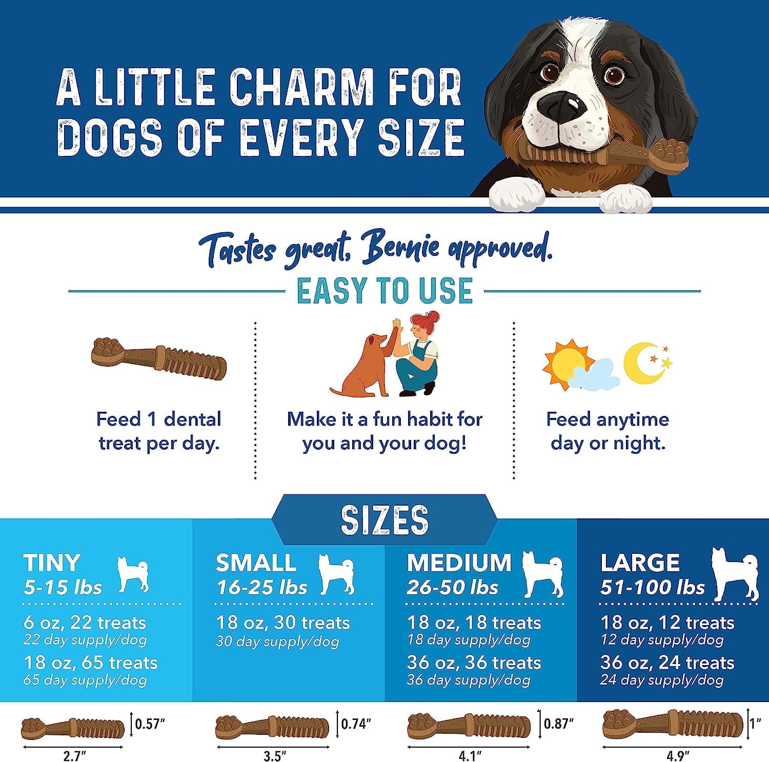 Bernie's Charming Chompers - Daily Dental Chews for Dogs 26-50 Lbs. - 18 Count - Cleans Teeth, Freshens Breath, + Boosts Oral-Gut Microbiome. Easy to Digest, Supports Healthy Digestion Naturally