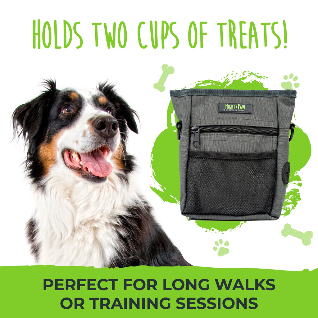 Mighty Paw Dog Treat Pouch 2.0, Hands-Free Snack Bag With strap, Holds 2 Cups Kibble, Magnetic Clasp and Waist Belt Clip, Includes 1 Roll of Poop Bags, Green/Grey, 7" x 2.5" x 5".