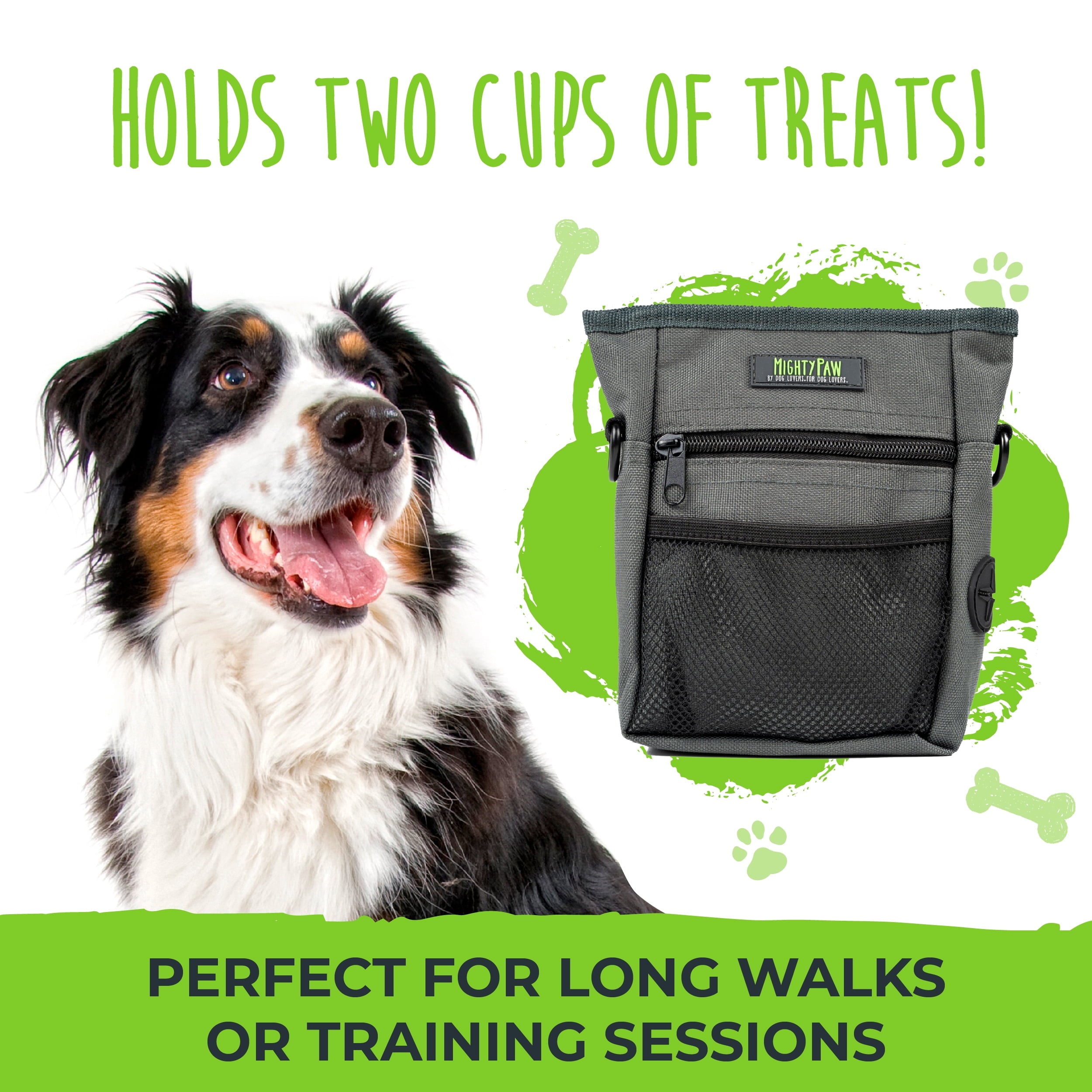 Mighty Paw Dog Treat Pouch 2.0, Hands-Free Snack Bag With strap, Holds 2 Cups Kibble, Magnetic Clasp and Waist Belt Clip, Includes 1 Roll of Poop Bags, Green/Grey, 7" x 2.5" x 5".