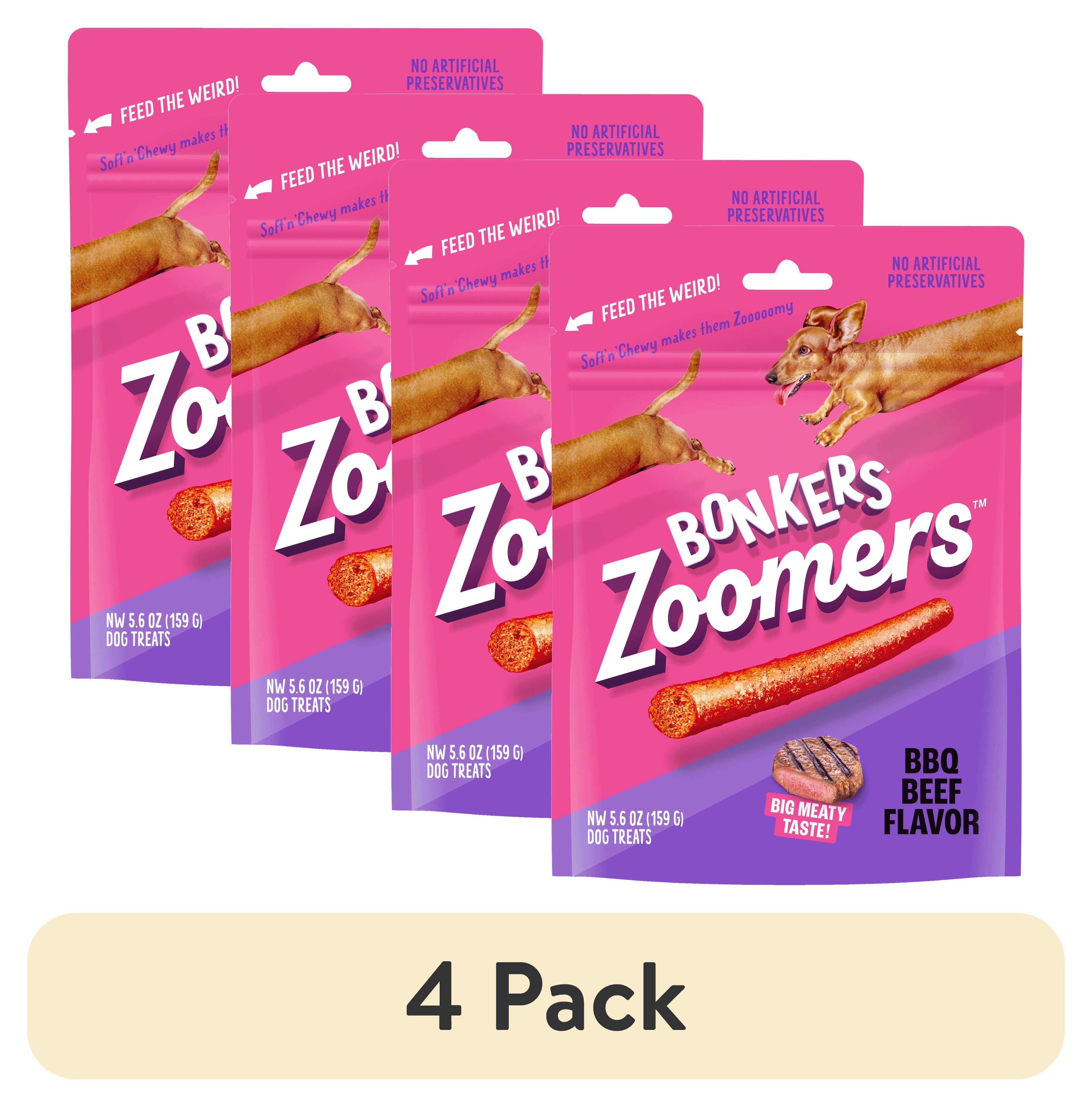 (4 pack) BONKERS Zoomers, BBQ Beef Flavor, Soft & Chewy Dog Snacks, Treats for Dogs, 5.6 oz Bag