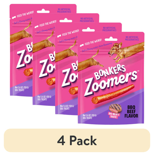(4 pack) BONKERS Zoomers, BBQ Beef Flavor, Soft & Chewy Dog Snacks, Treats for Dogs, 5.6 oz Bag