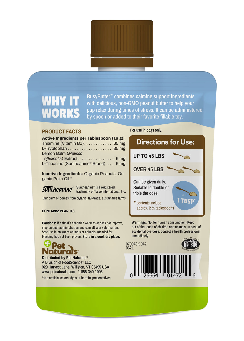 Pet Naturals Busybutter Calming Peanut Butter for Dogs, Stress and Anxiety Support, 1.5oz Pouch