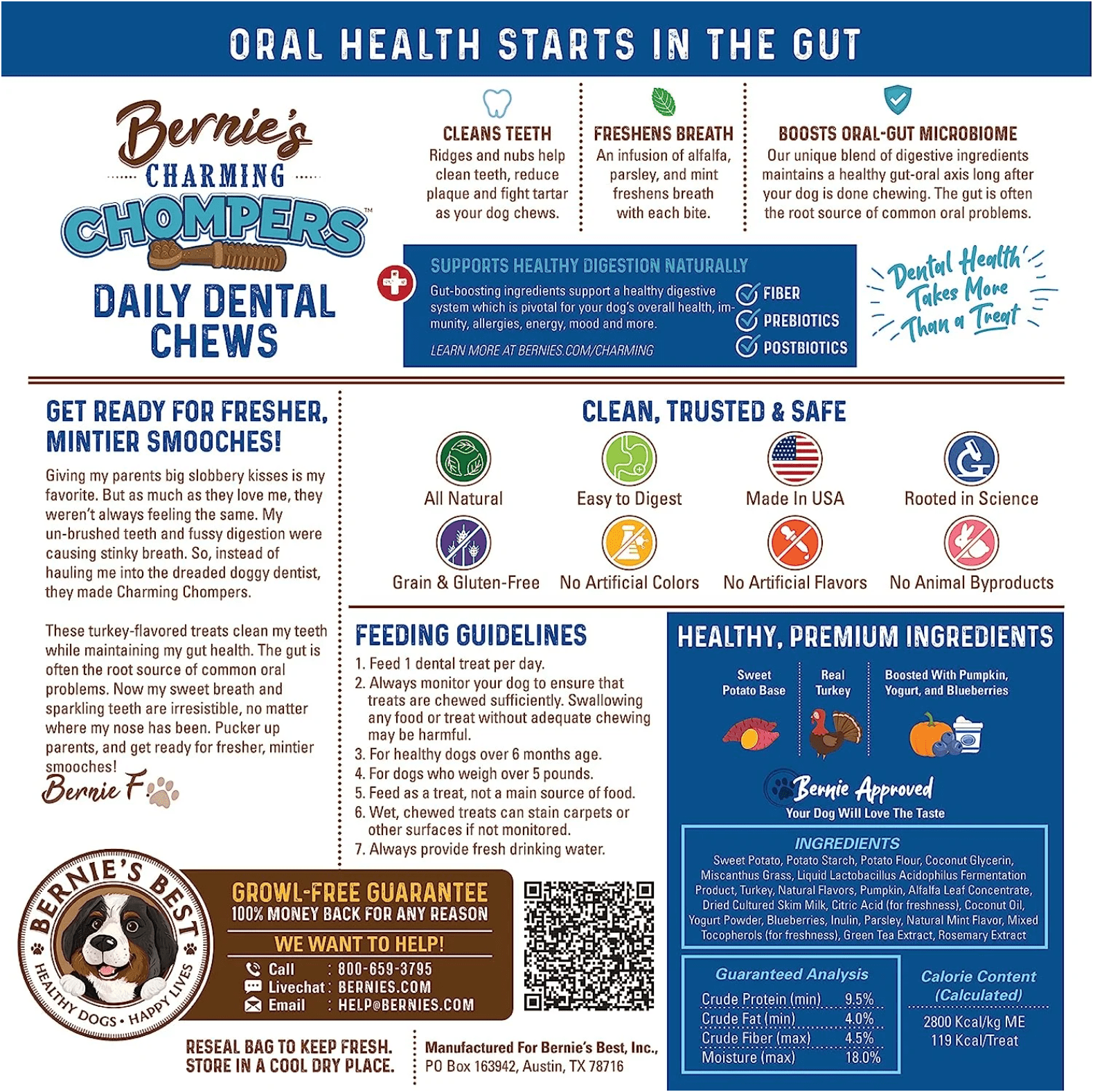 Bernie's Charming Chompers - Daily Dental Chews for Dogs 26-50 Lbs. - 18 Count - Cleans Teeth, Freshens Breath, + Boosts Oral-Gut Microbiome. Easy to Digest, Supports Healthy Digestion Naturally