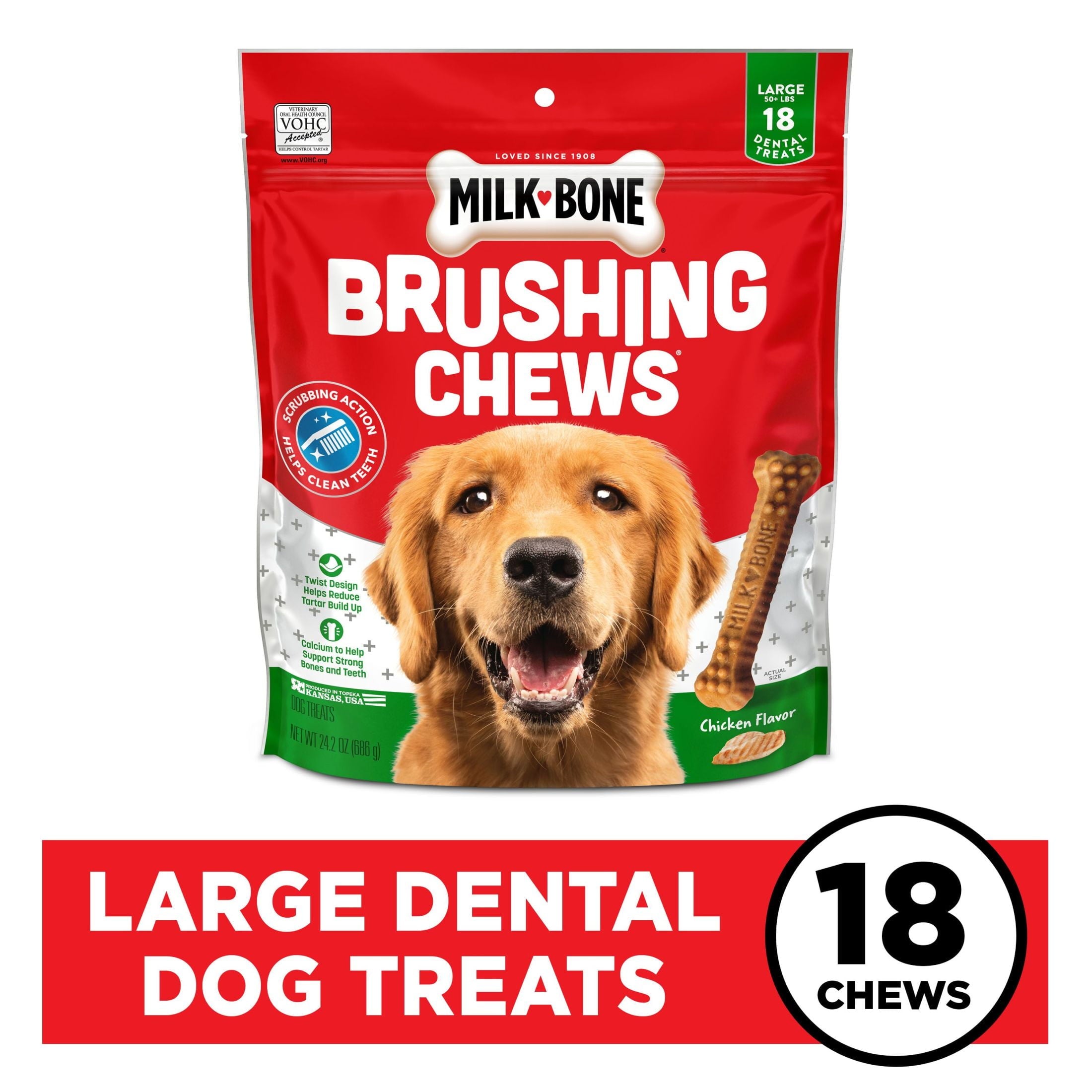 Milk Bone Brushing Chews Daily Dental Dog Treats, Large, 24.2 oz Bag, 18 Bones Per Bag