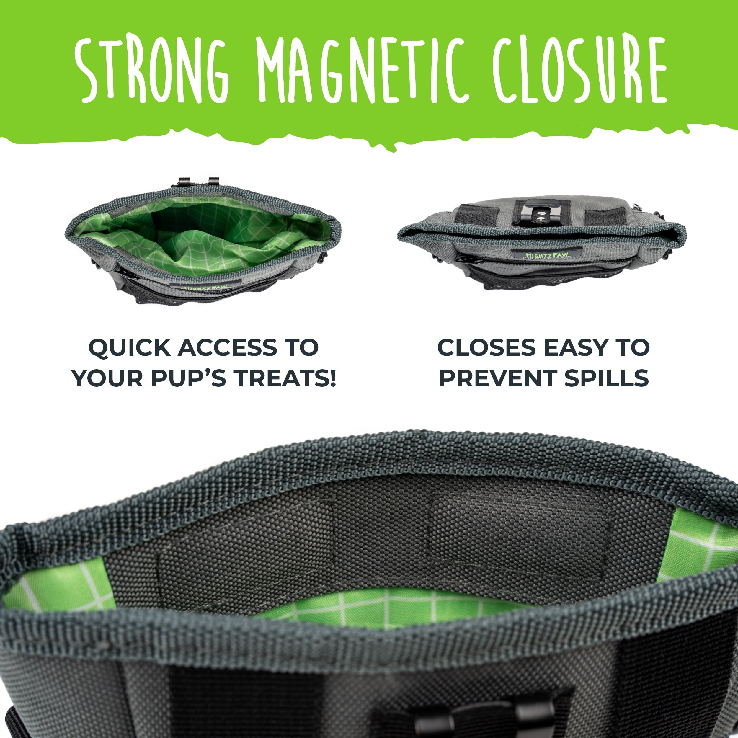 Mighty Paw Dog Treat Pouch 2.0, Hands-Free Snack Bag With strap, Holds 2 Cups Kibble, Magnetic Clasp and Waist Belt Clip, Includes 1 Roll of Poop Bags, Green/Grey, 7" x 2.5" x 5".