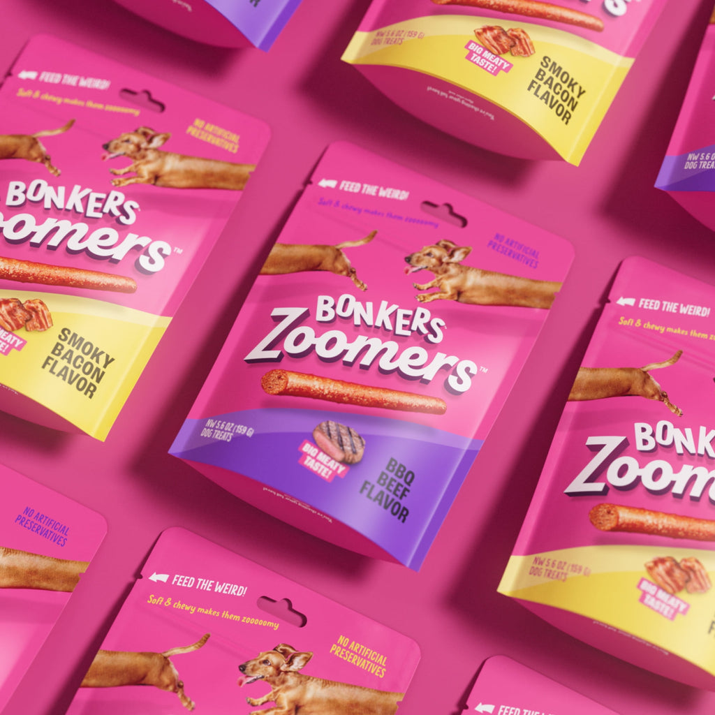 (4 pack) BONKERS Zoomers, BBQ Beef Flavor, Soft & Chewy Dog Snacks, Treats for Dogs, 5.6 oz Bag