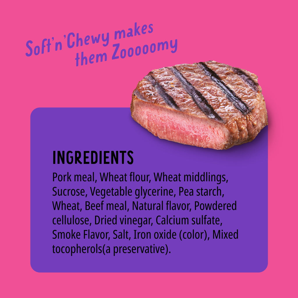 (4 pack) BONKERS Zoomers, BBQ Beef Flavor, Soft & Chewy Dog Snacks, Treats for Dogs, 5.6 oz Bag