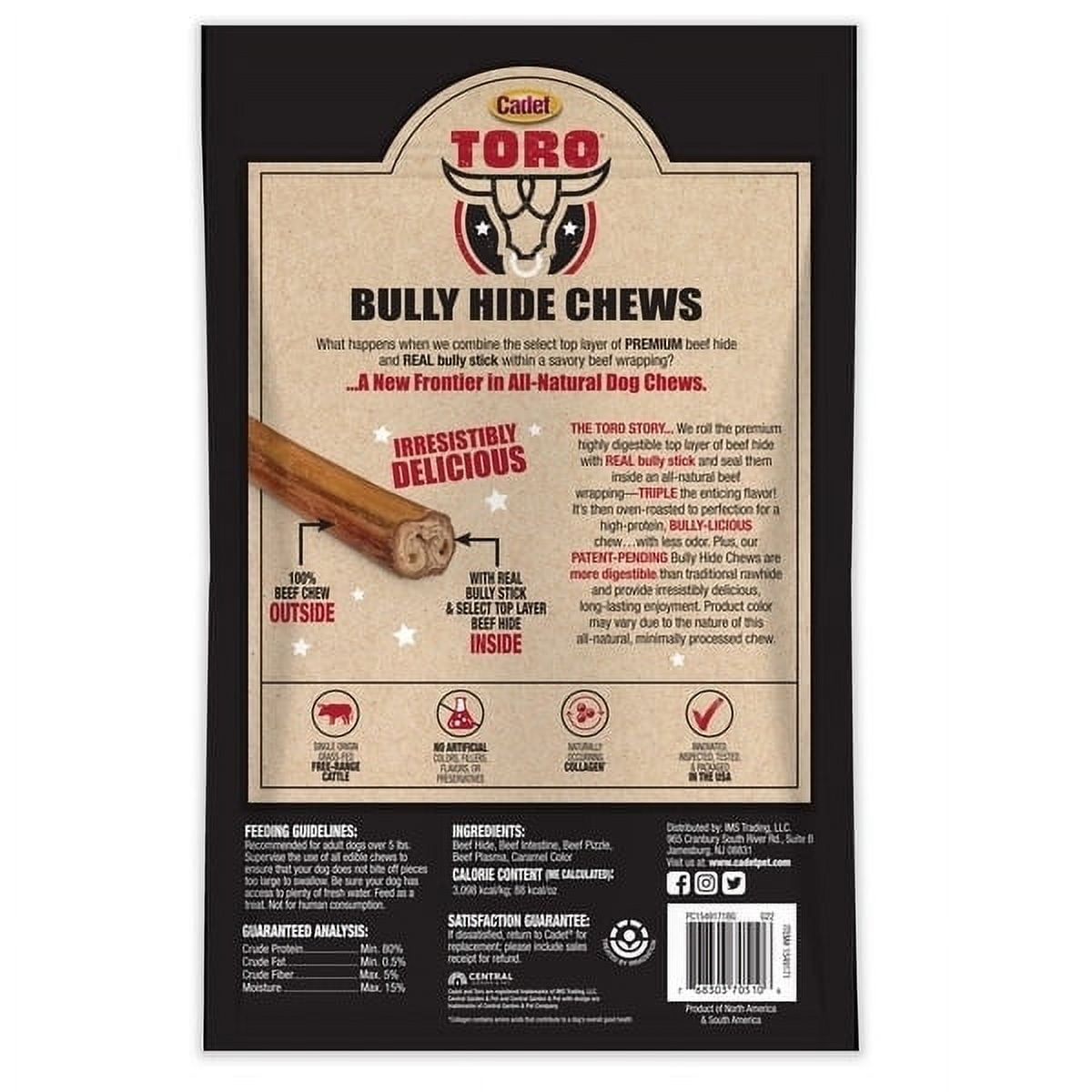 Cadet Toro Bully Hide Sticks All-Natural Dog Chews 9"-12" (Pack of 12)