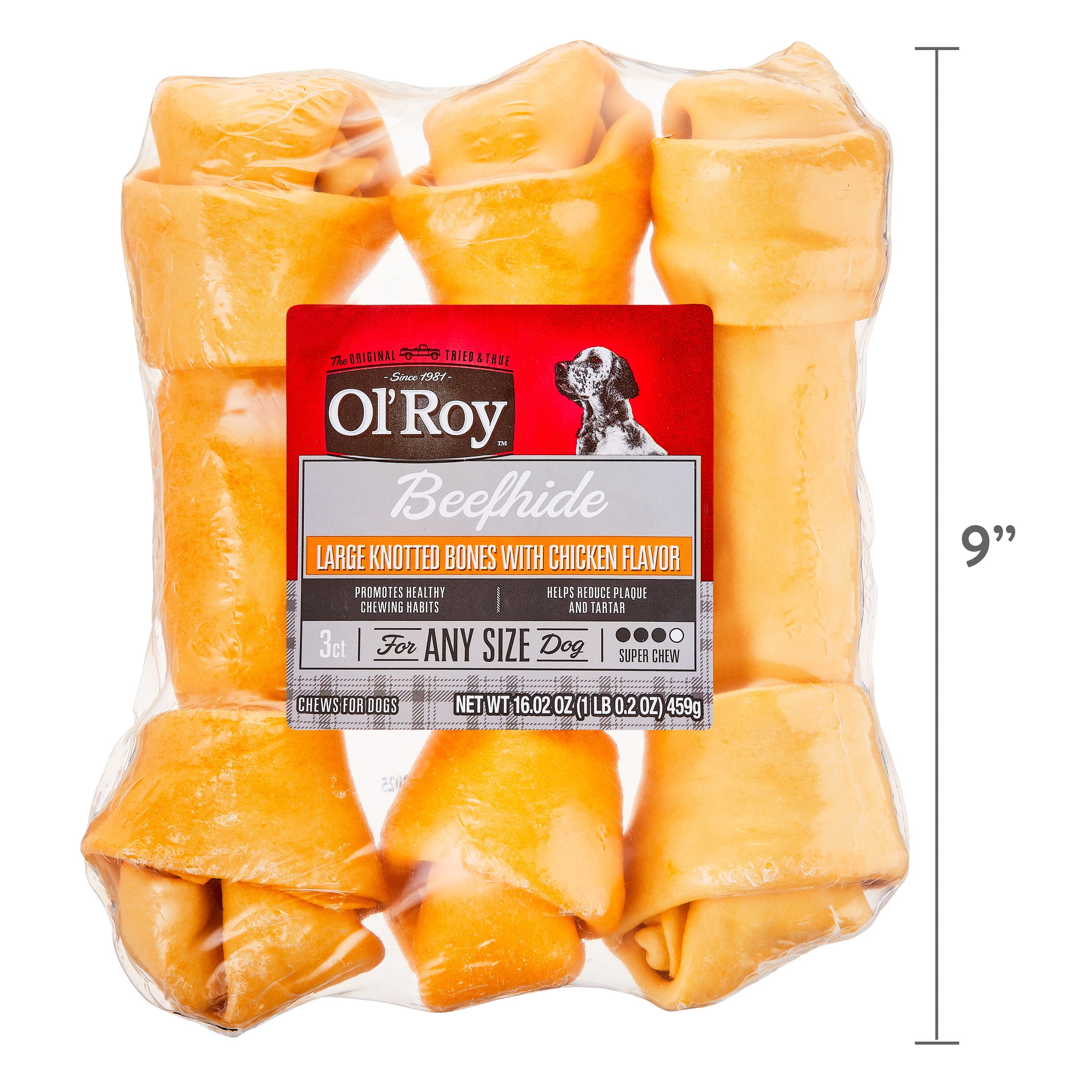 Ol' Roy Rawhide 9" Large Knotted Bones Artificial Chicken Flavored Chews for Dogs, Dry, 16.02 oz, 3 Count