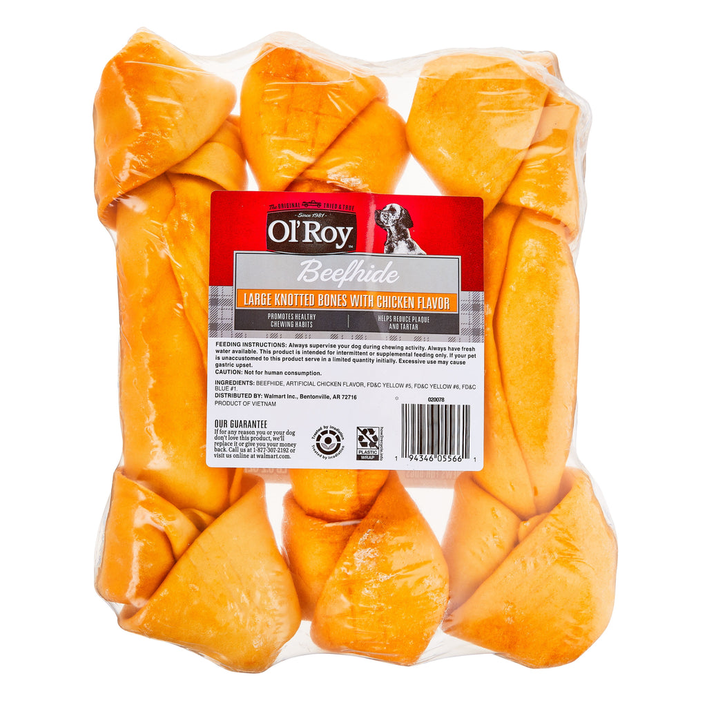 Ol' Roy Rawhide 9" Large Knotted Bones Artificial Chicken Flavored Chews for Dogs, Dry, 16.02 oz, 3 Count