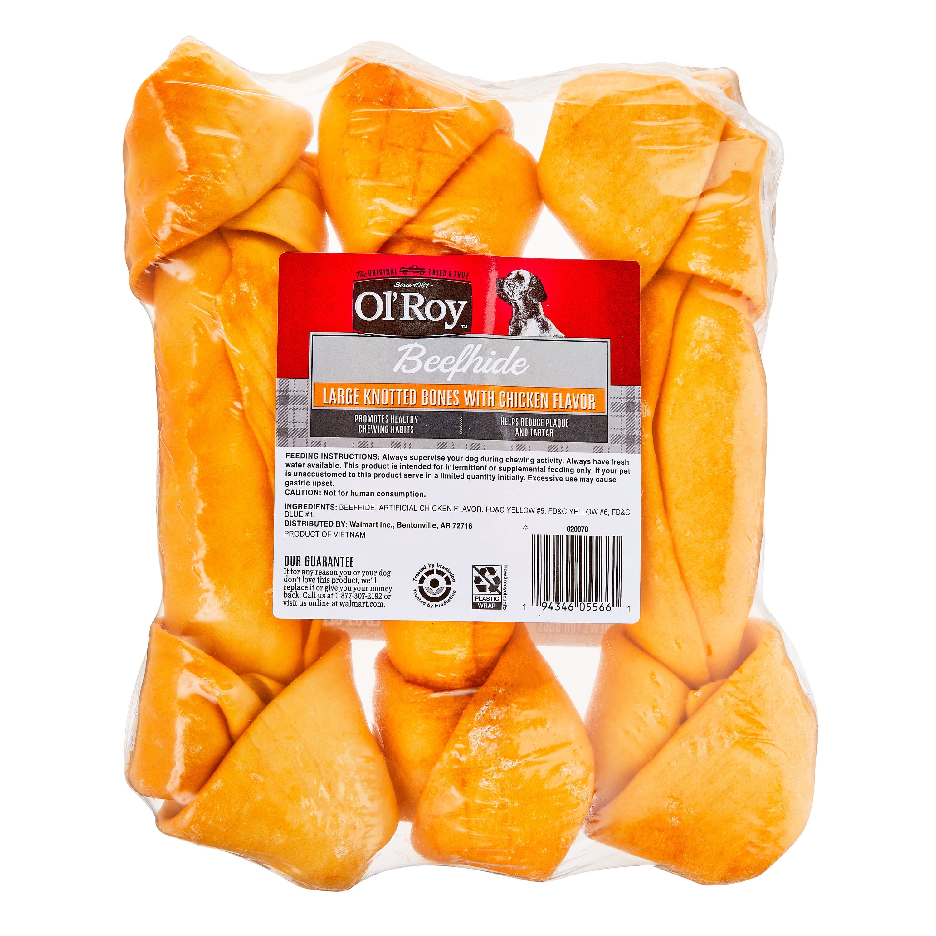 Ol' Roy Rawhide 9" Large Knotted Bones Artificial Chicken Flavored Chews for Dogs, Dry, 16.02 oz, 3 Count