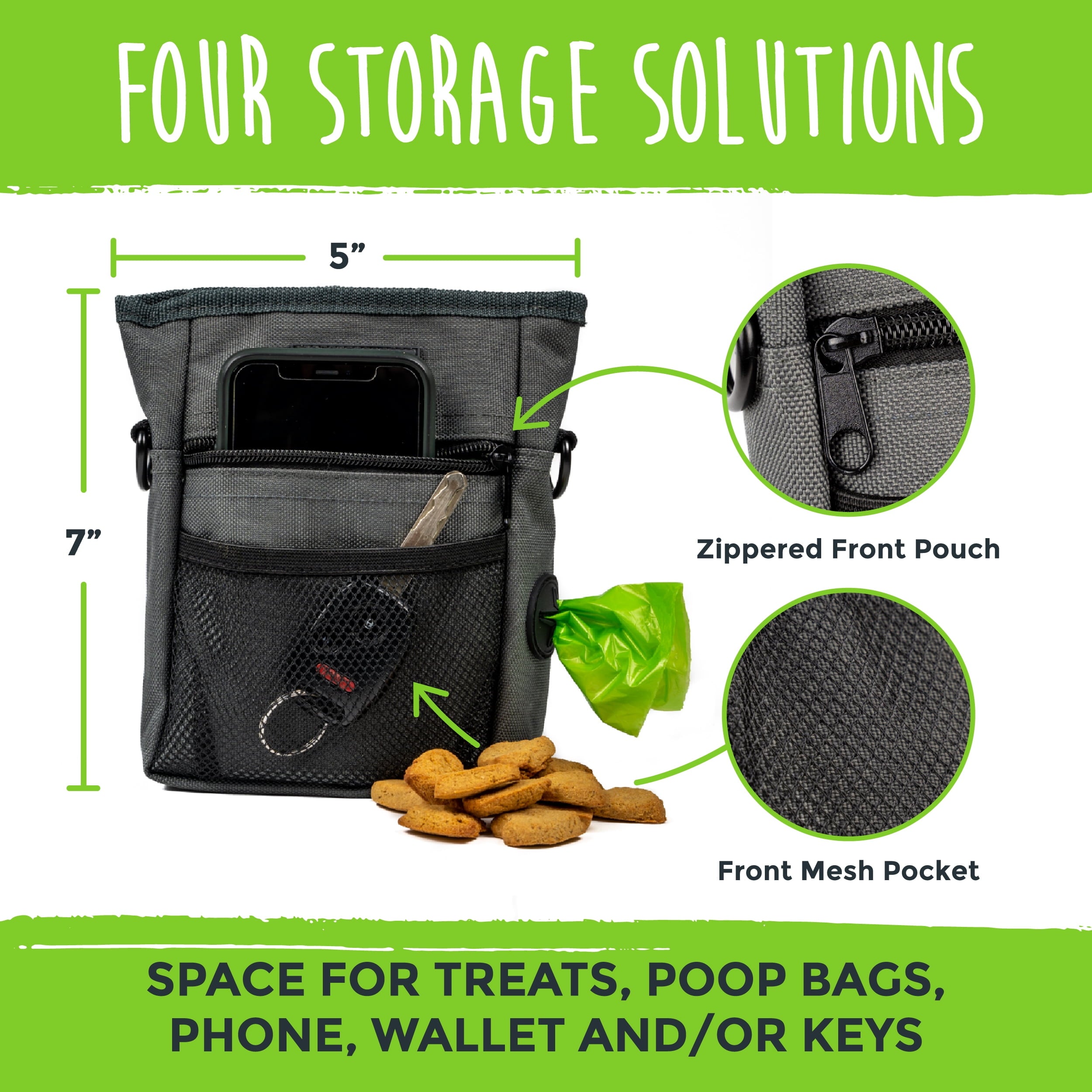 Mighty Paw Dog Treat Pouch 2.0, Hands-Free Snack Bag With strap, Holds 2 Cups Kibble, Magnetic Clasp and Waist Belt Clip, Includes 1 Roll of Poop Bags, Green/Grey, 7" x 2.5" x 5".