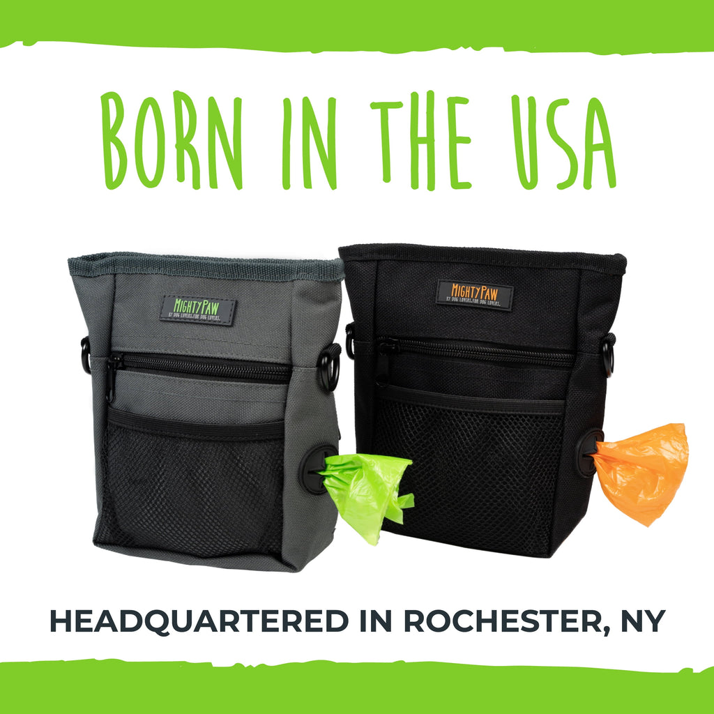 Mighty Paw Dog Treat Pouch 2.0, Hands-Free Snack Bag With strap, Holds 2 Cups Kibble, Magnetic Clasp and Waist Belt Clip, Includes 1 Roll of Poop Bags, Green/Grey, 7" x 2.5" x 5".