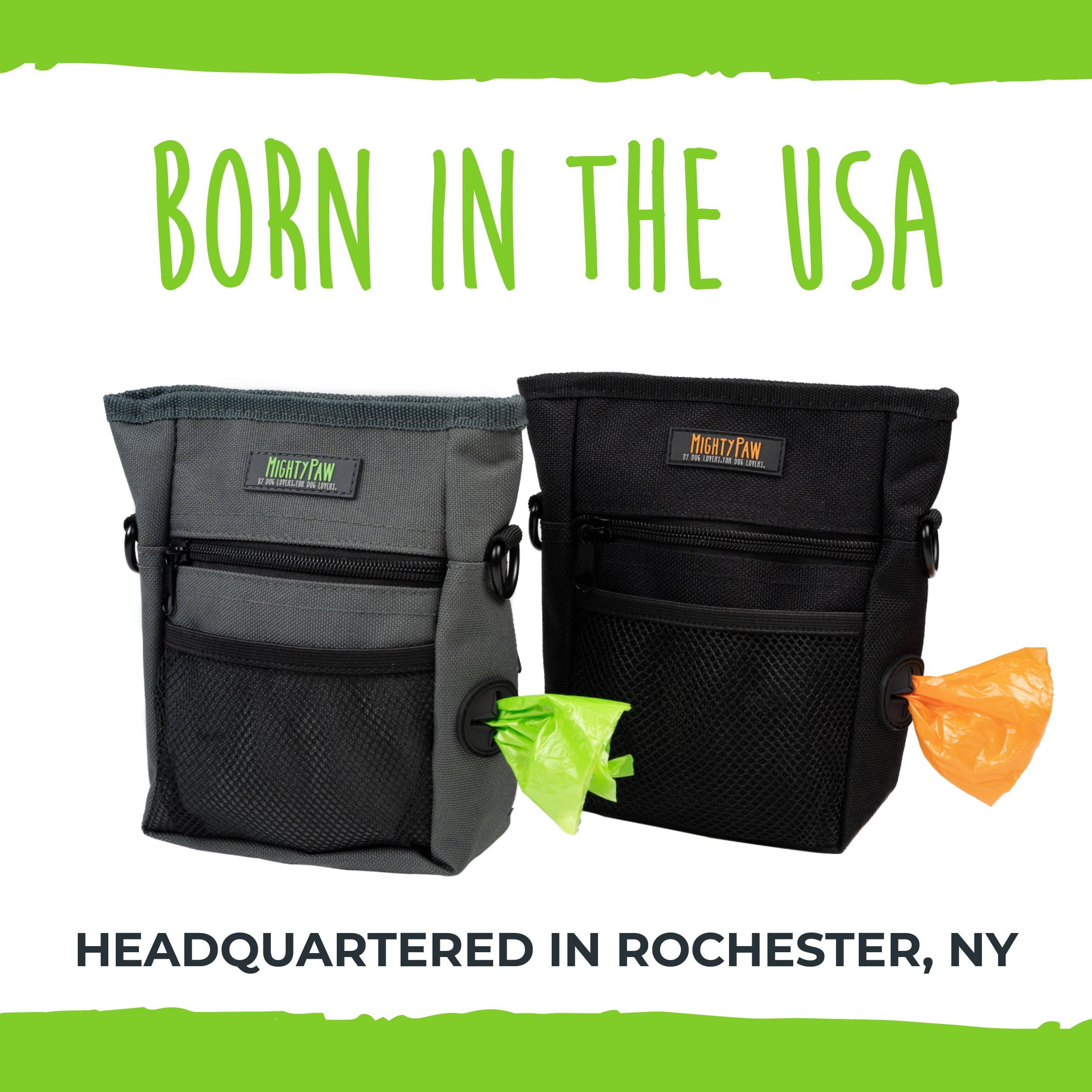 Mighty Paw Dog Treat Pouch 2.0, Hands-Free Snack Bag With strap, Holds 2 Cups Kibble, Magnetic Clasp and Waist Belt Clip, Includes 1 Roll of Poop Bags, Green/Grey, 7" x 2.5" x 5".