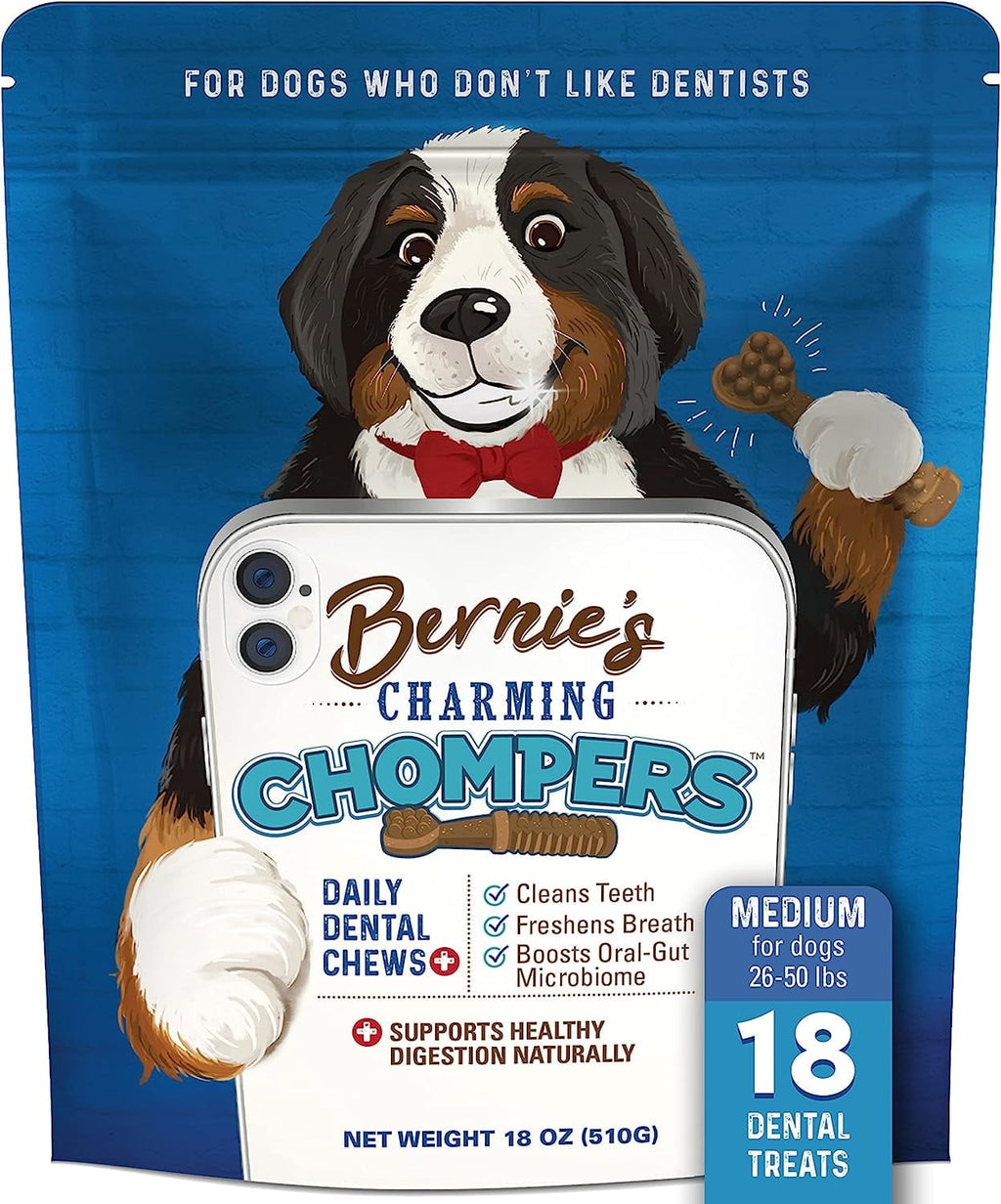 Bernie's Charming Chompers - Daily Dental Chews for Dogs 26-50 Lbs. - 18 Count - Cleans Teeth, Freshens Breath, + Boosts Oral-Gut Microbiome. Easy to Digest, Supports Healthy Digestion Naturally