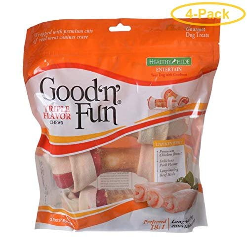 Healthy Hide Good 'n' Fun Triple-Flavor Bones - Beef, Pork & Chicken Medium - 3 Pack - 6" Bones - Pack of 4