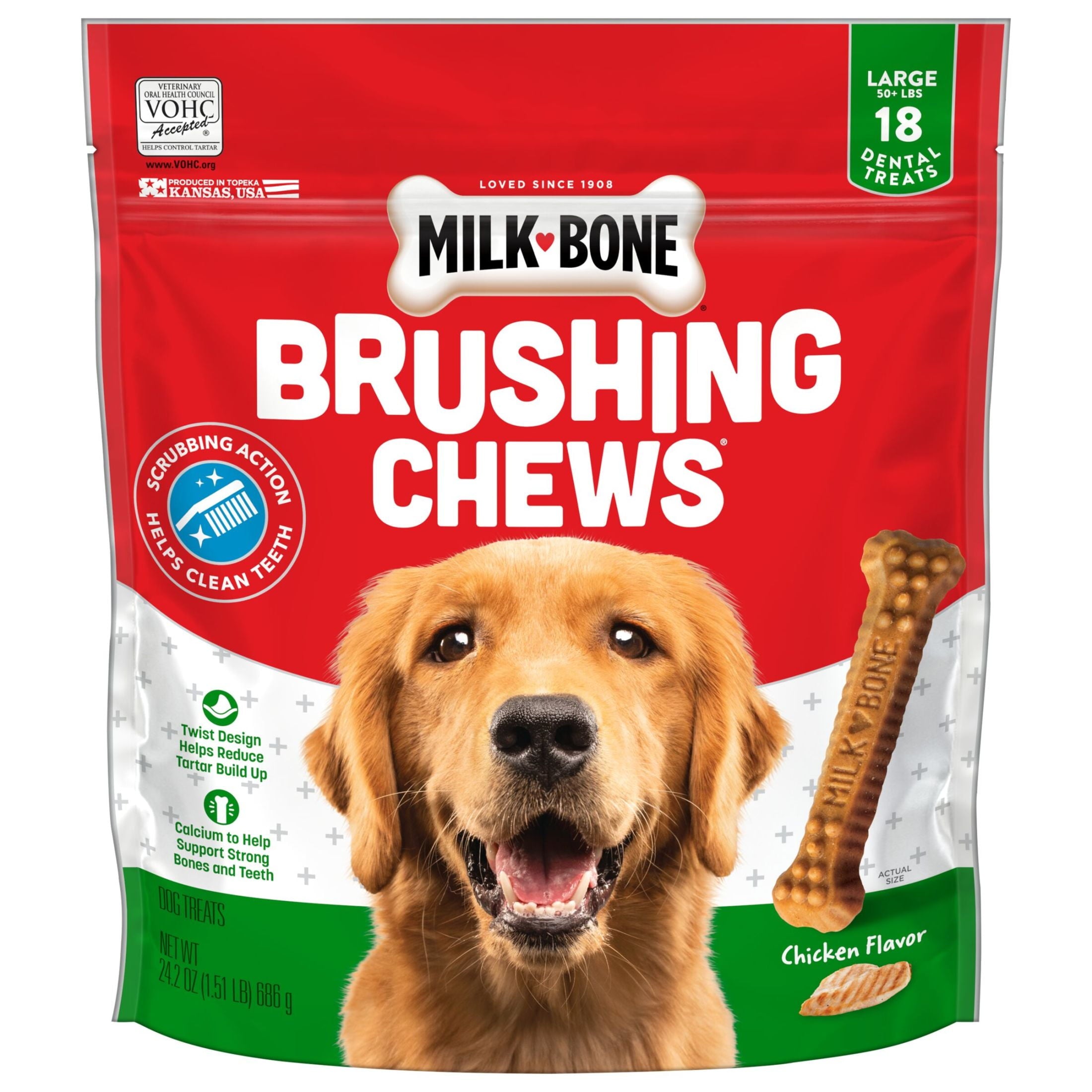 Milk Bone Brushing Chews Daily Dental Dog Treats, Large, 24.2 oz Bag, 18 Bones Per Bag