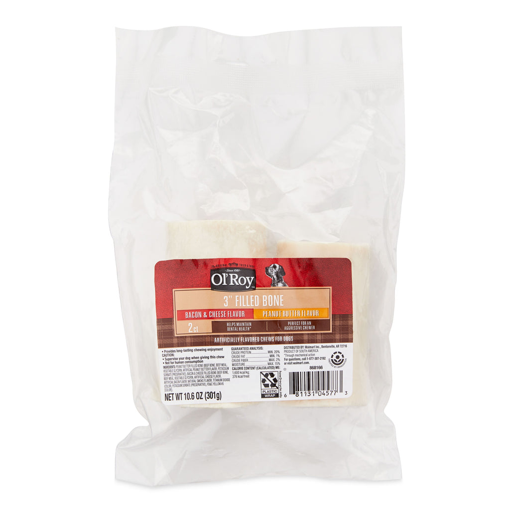 Ol' Roy 3" Filled Bones, Bacon & Cheese Flavor and Peanut Butter Flavor, 10.6 oz, 2 Pack