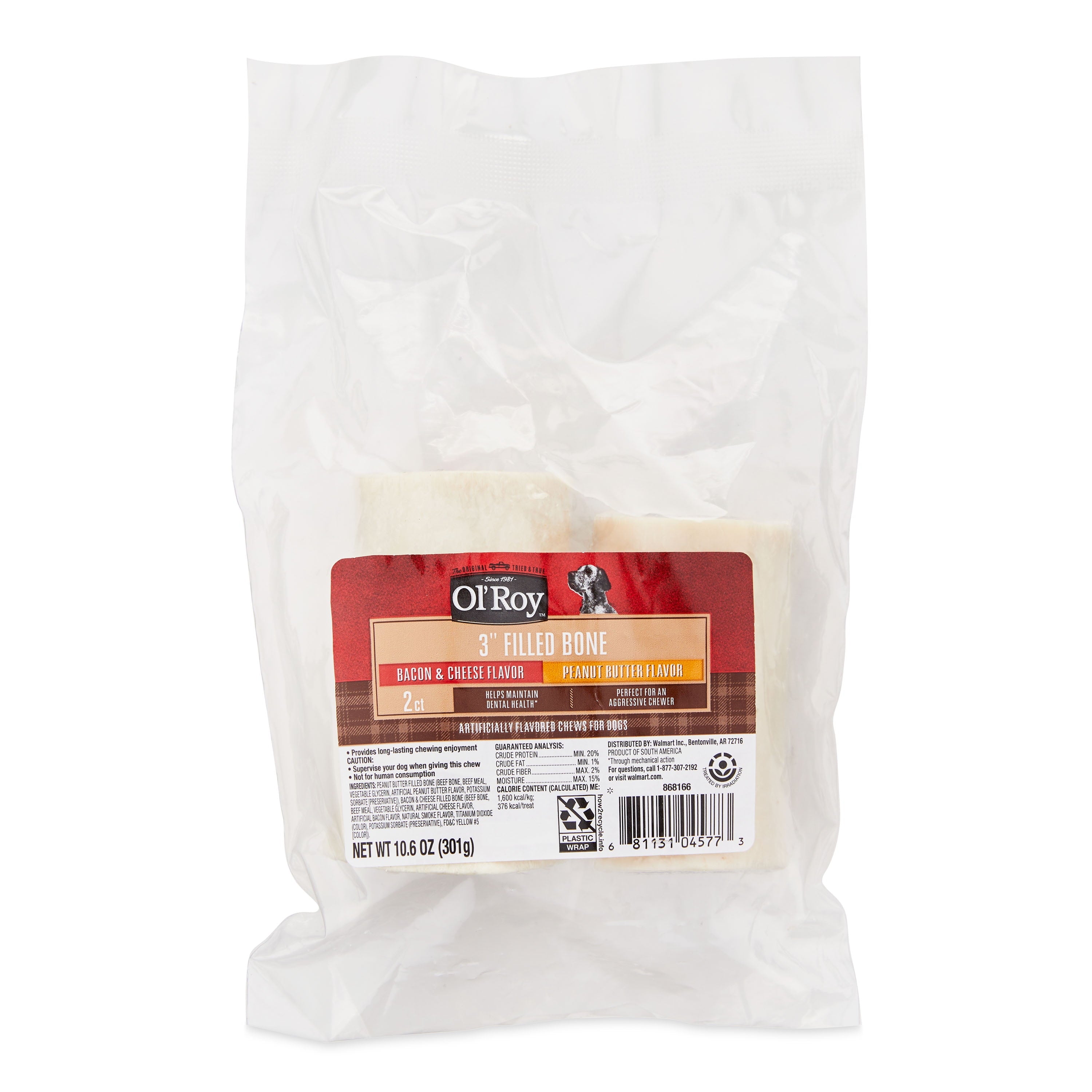 Ol' Roy 3" Filled Bones, Bacon & Cheese Flavor and Peanut Butter Flavor, 10.6 oz, 2 Pack