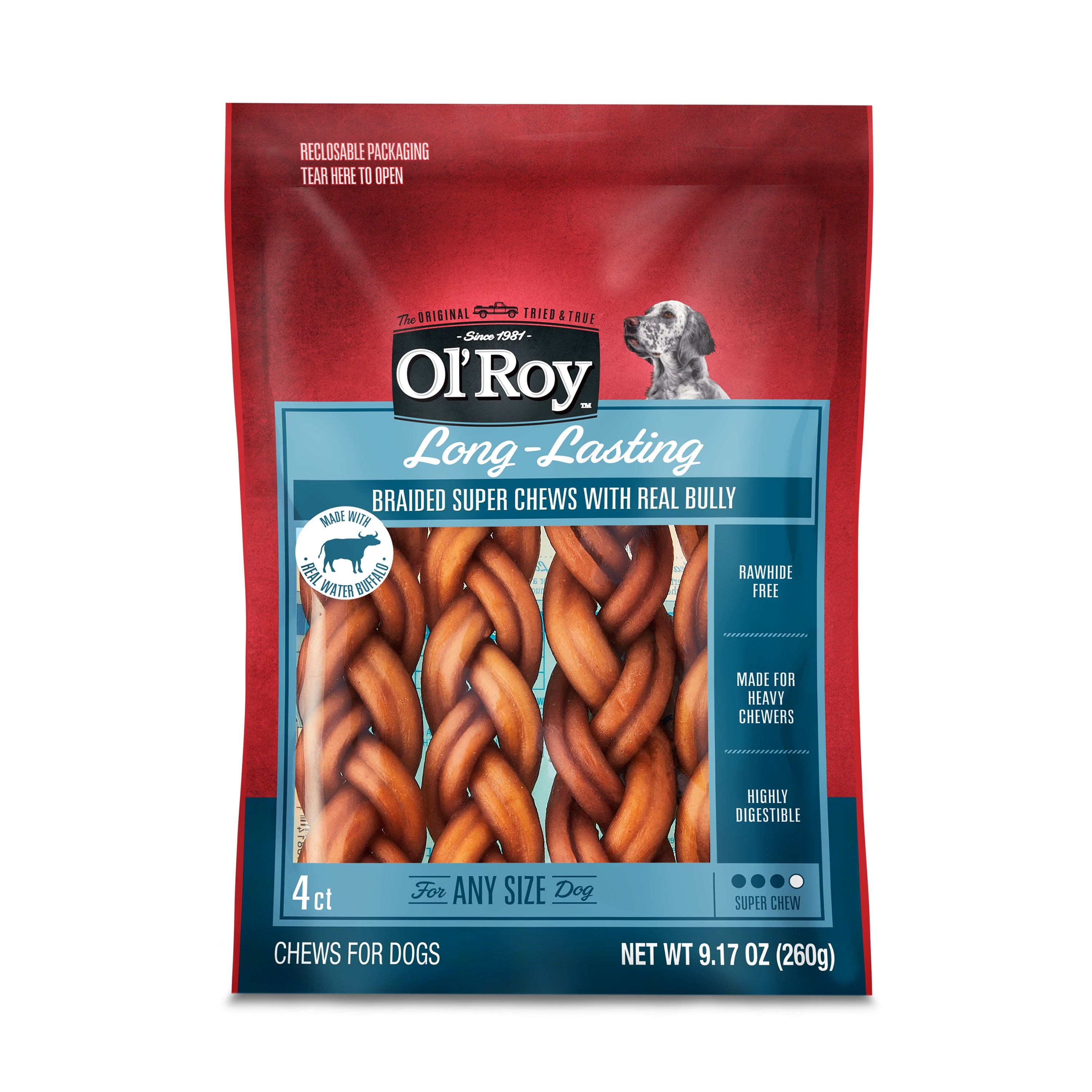 Ol' Roy Rawhide Free Braided Bully Alternative for Dogs, 9.17 oz. (4 Count)
