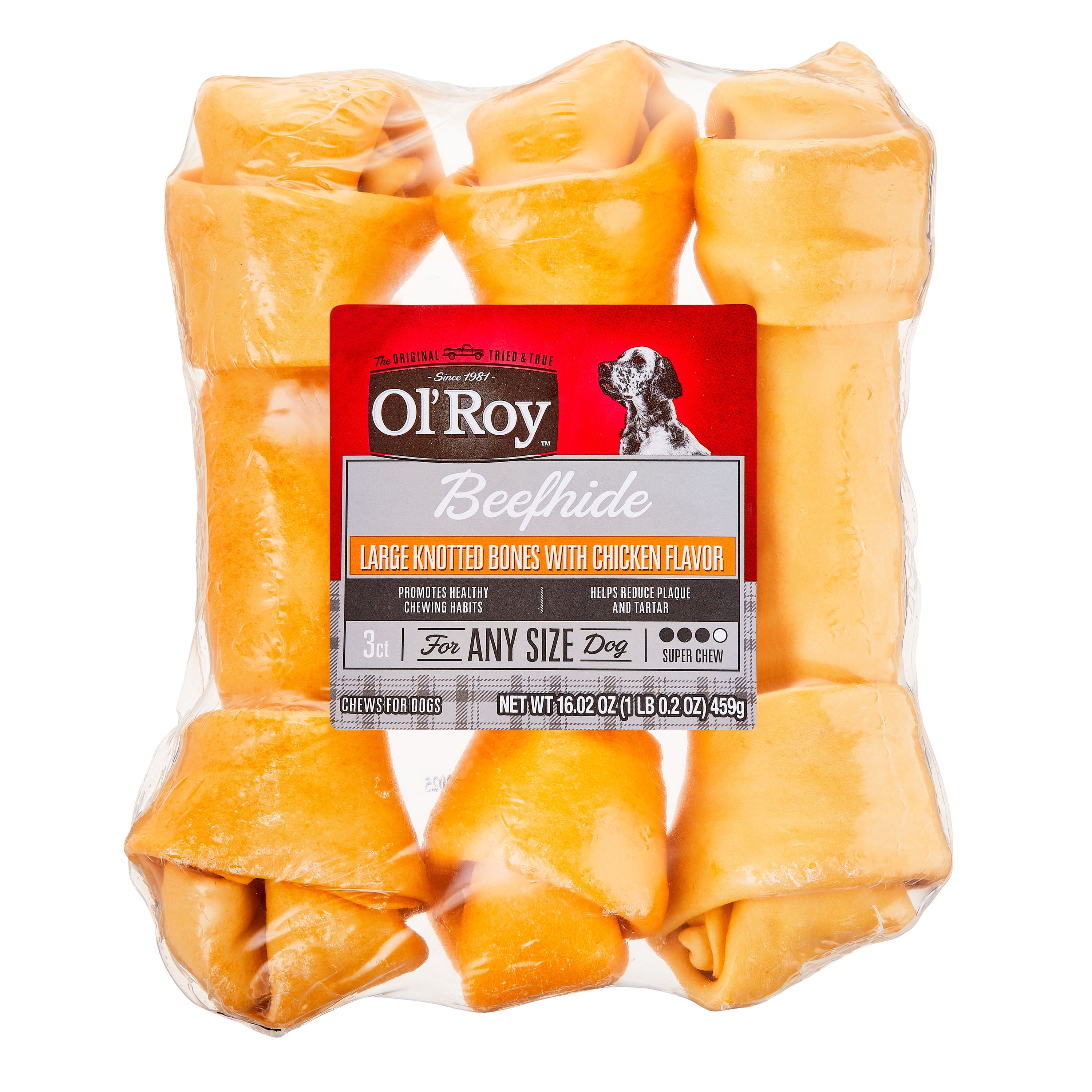 Ol' Roy Rawhide 9" Large Knotted Bones Artificial Chicken Flavored Chews for Dogs, Dry, 16.02 oz, 3 Count