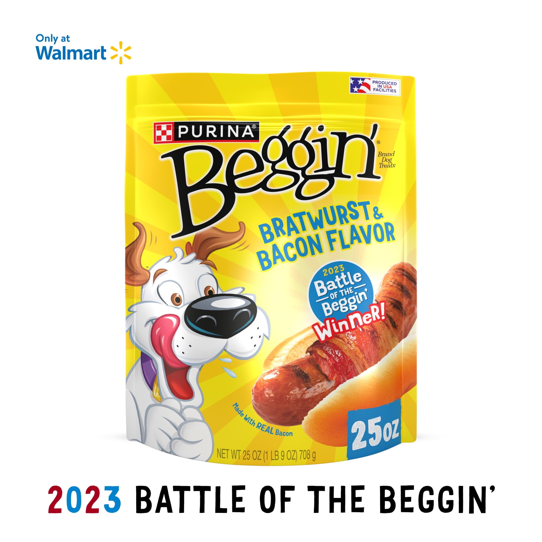 Purina Beggin' Strips Dog Treats with Real Bacon & Bratwurst Flavors Tender Chews, 25 oz Pouch