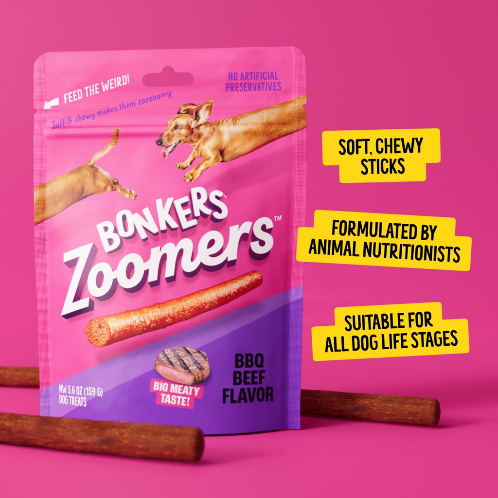 (4 pack) BONKERS Zoomers, BBQ Beef Flavor, Soft & Chewy Dog Snacks, Treats for Dogs, 5.6 oz Bag