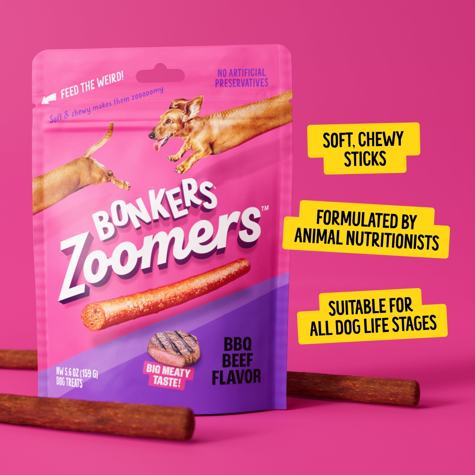 (4 pack) BONKERS Zoomers, BBQ Beef Flavor, Soft & Chewy Dog Snacks, Treats for Dogs, 5.6 oz Bag