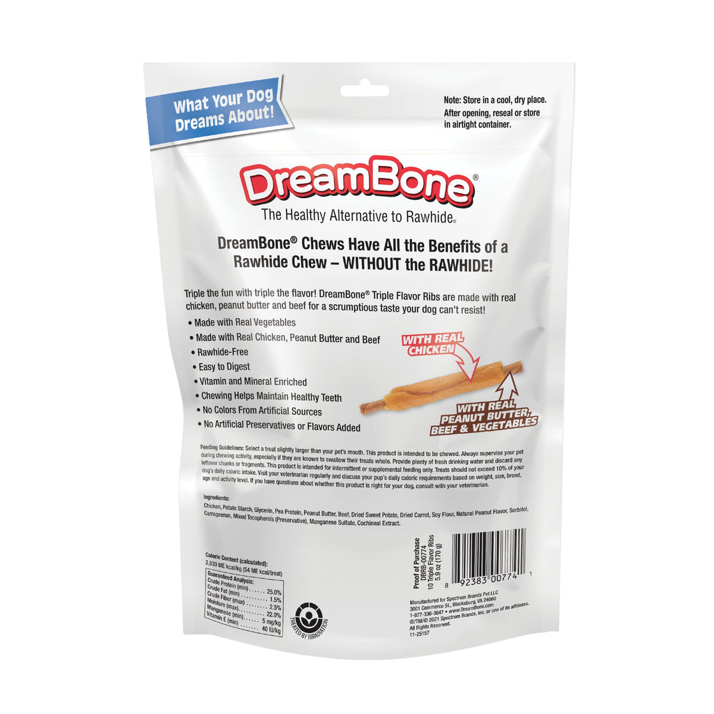 DreamBone Triple Flavor Ribs Rawhide-Free Chews for Dogs, Made with Real Peanut Butter, 10 Count