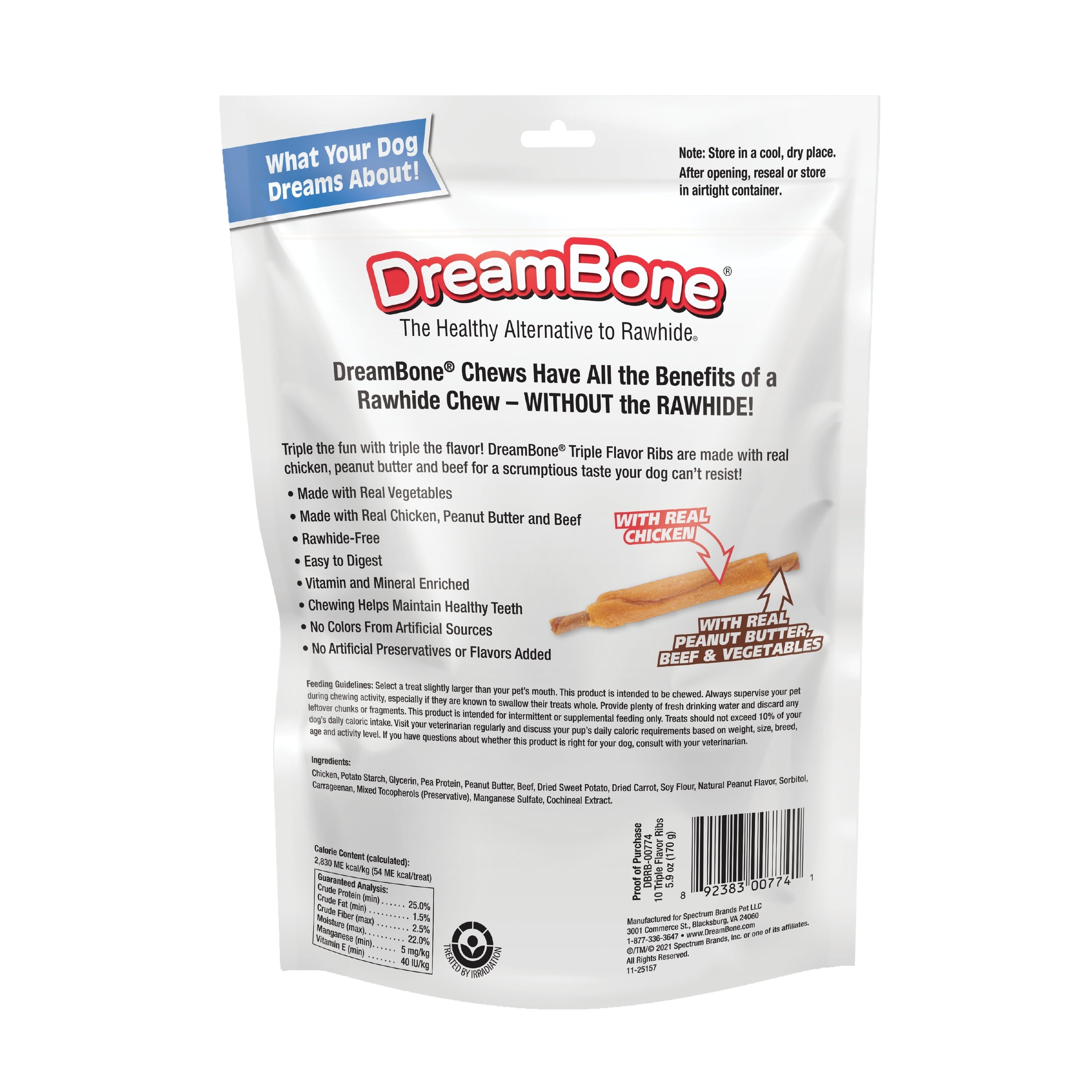 DreamBone Triple Flavor Ribs Rawhide-Free Chews for Dogs, Made with Real Peanut Butter, 10 Count