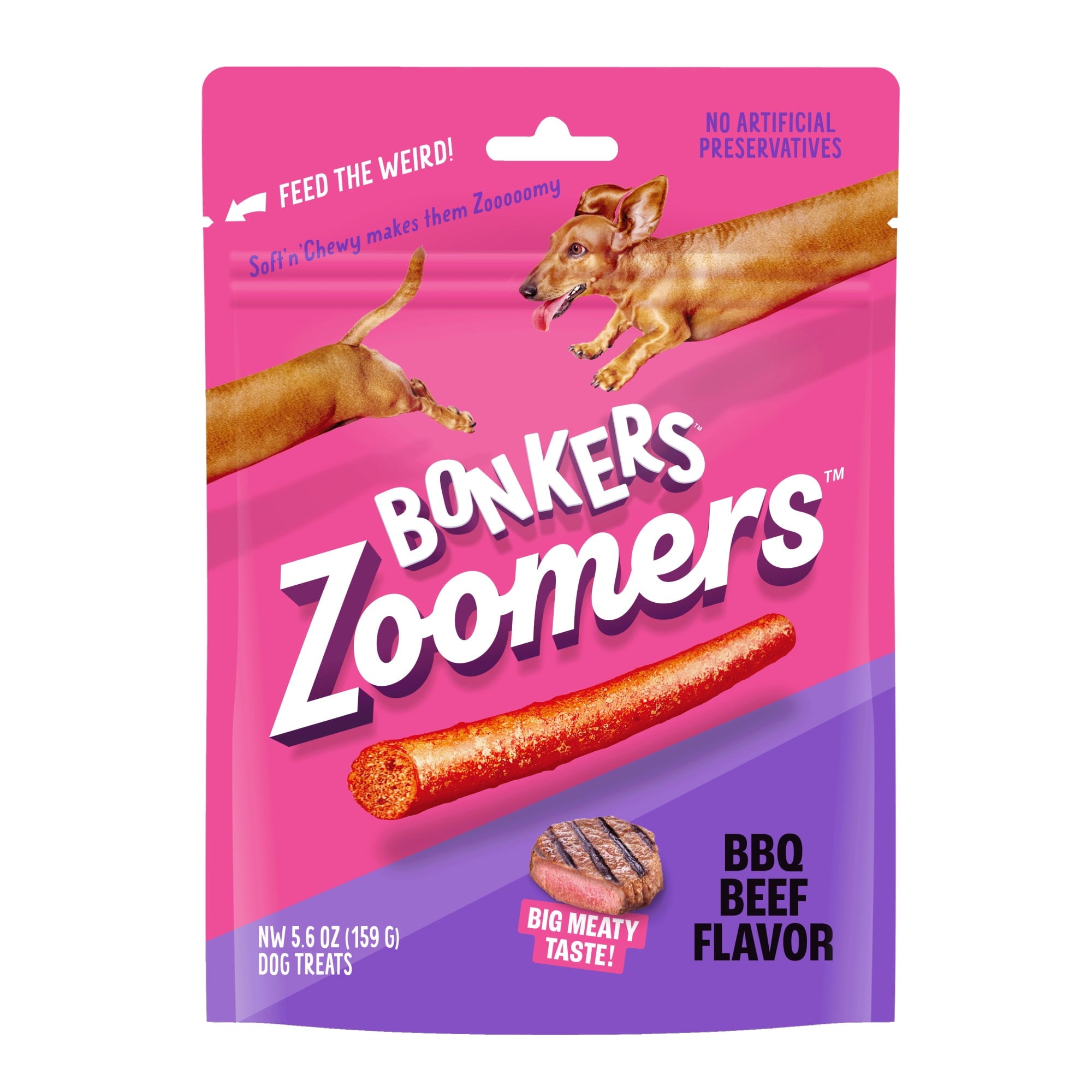 (4 pack) BONKERS Zoomers, BBQ Beef Flavor, Soft & Chewy Dog Snacks, Treats for Dogs, 5.6 oz Bag