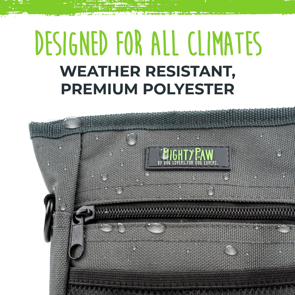 Mighty Paw Dog Treat Pouch 2.0, Hands-Free Snack Bag With strap, Holds 2 Cups Kibble, Magnetic Clasp and Waist Belt Clip, Includes 1 Roll of Poop Bags, Green/Grey, 7" x 2.5" x 5".