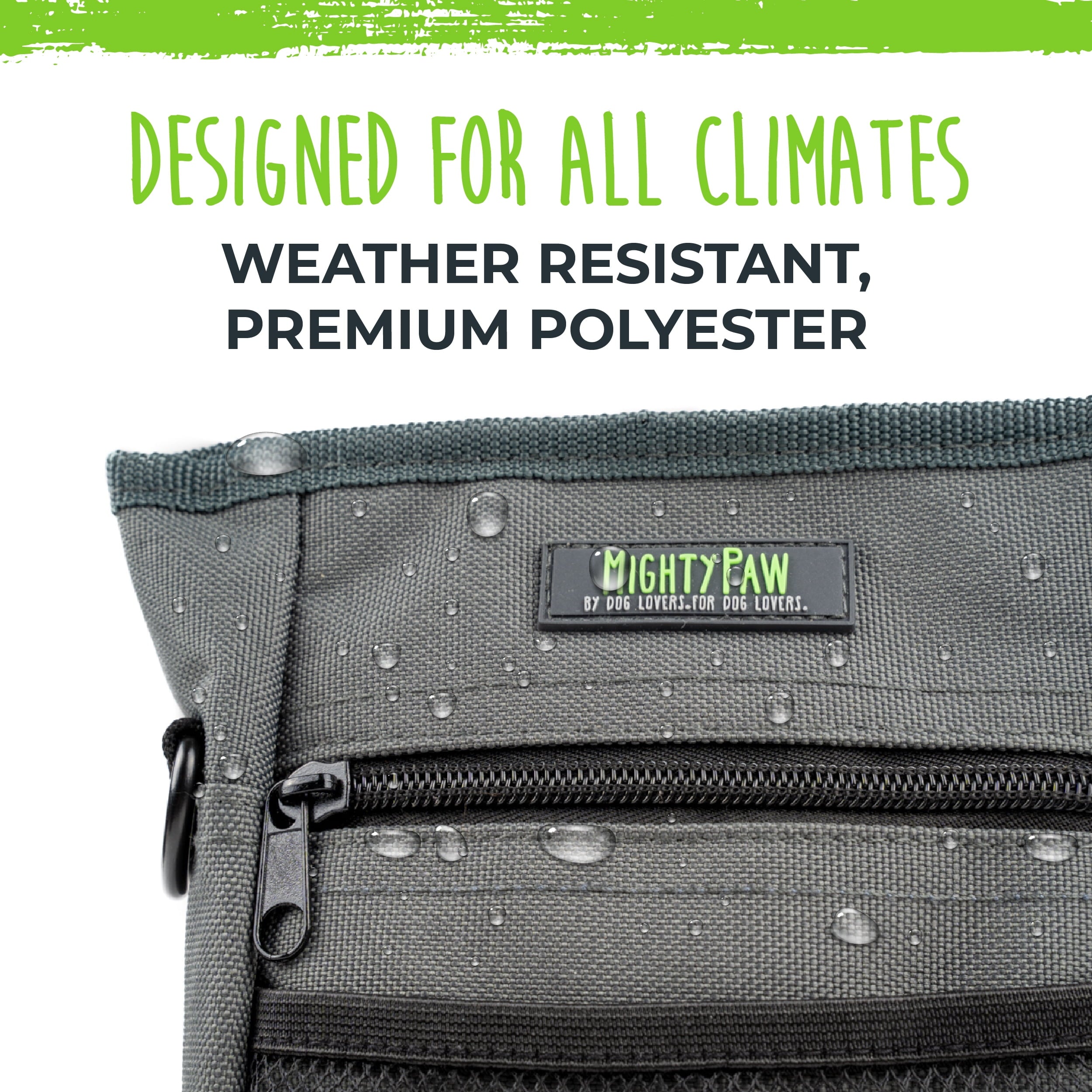 Mighty Paw Dog Treat Pouch 2.0, Hands-Free Snack Bag With strap, Holds 2 Cups Kibble, Magnetic Clasp and Waist Belt Clip, Includes 1 Roll of Poop Bags, Green/Grey, 7" x 2.5" x 5".