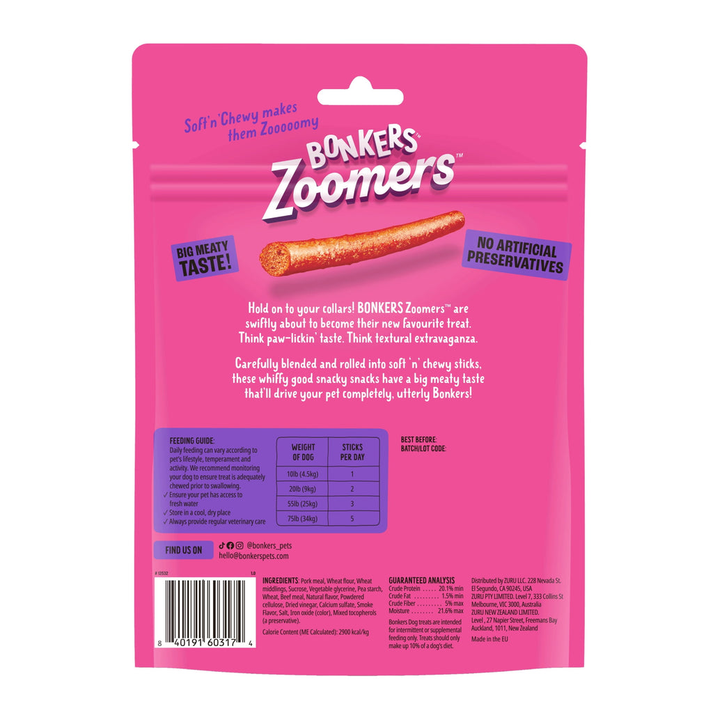 (4 pack) BONKERS Zoomers, BBQ Beef Flavor, Soft & Chewy Dog Snacks, Treats for Dogs, 5.6 oz Bag
