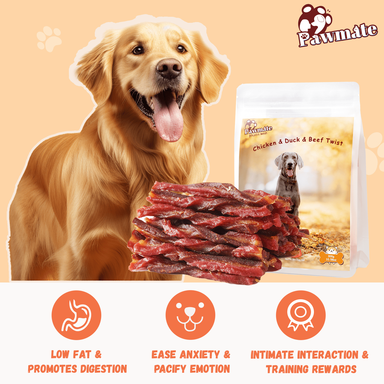 Pawmate Beef, Chicken & Duck Twist Dog Treats, Triple Meats Natural Treats for All Dogs, 11oz