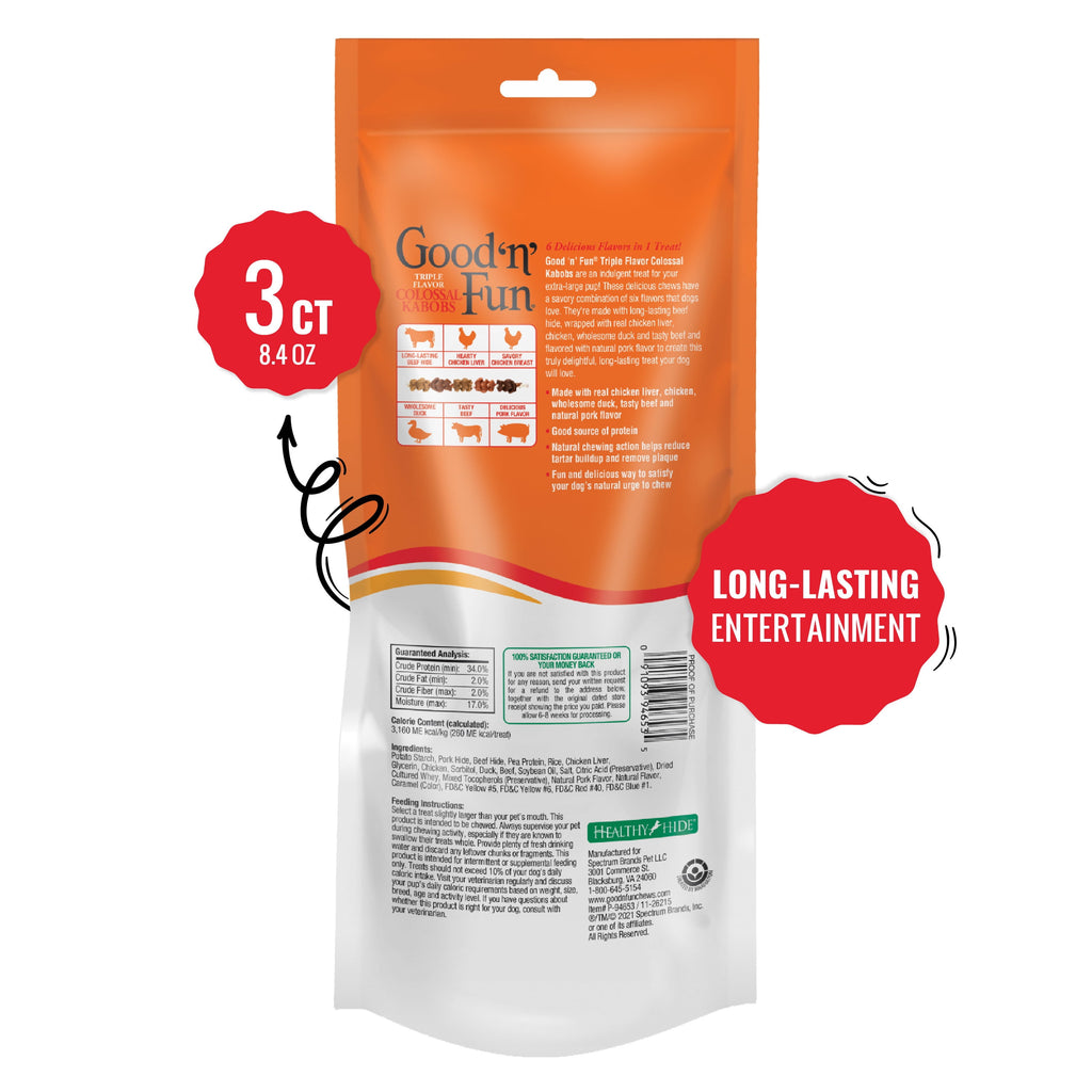 Good ‘n’ Fun Triple Flavor Colossal Kabobs, Rawhide Chews for Extra Large Dogs (+120 lbs), 3 Count