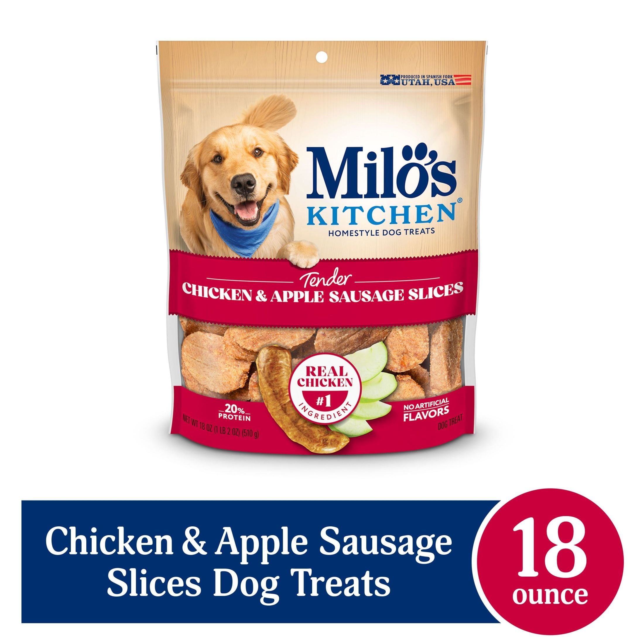Milo’s Kitchen Chicken & Apple Sausage Slices Dog Treats, 18 oz Bag