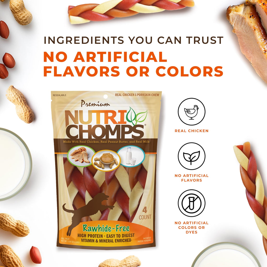 NutriChomps Rawhide-Free Braided Dog Treats, Mixed Flavor, 6", 4 Count