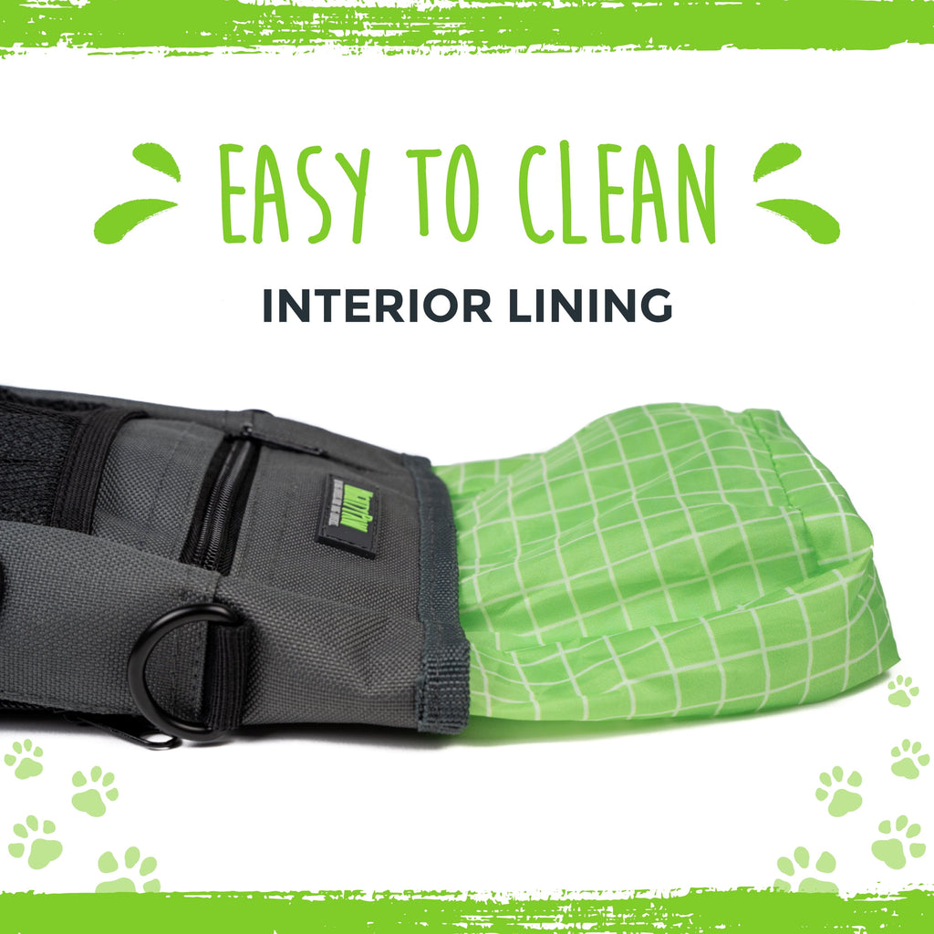 Mighty Paw Dog Treat Pouch 2.0, Hands-Free Snack Bag With strap, Holds 2 Cups Kibble, Magnetic Clasp and Waist Belt Clip, Includes 1 Roll of Poop Bags, Green/Grey, 7" x 2.5" x 5".